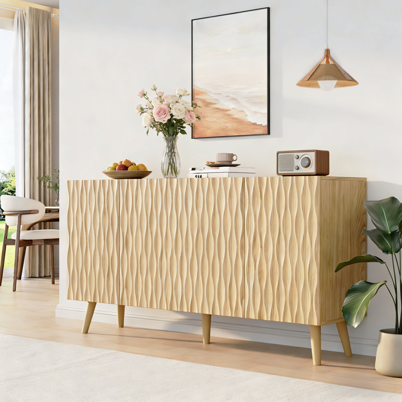 Erommy 4 - Door Accent Cabinet With Adjustable Shelves, 58"W Buffet Cabinet With Sculptural Wave Design For Dining Room, Living Room And Coffee Bar