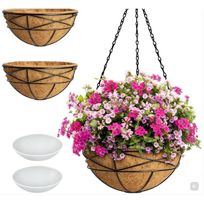 12" Hanging Planters for Outdoor Plants, Metal Chain Hanging Basket with Coco Liner, Round Flower Pots for Patio & Garden