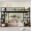 Grand cadre de lit mezzanine avec garde-robe, lit mezzanine en métal avec tablettes de rangement et panneau perforé, noir-137474242