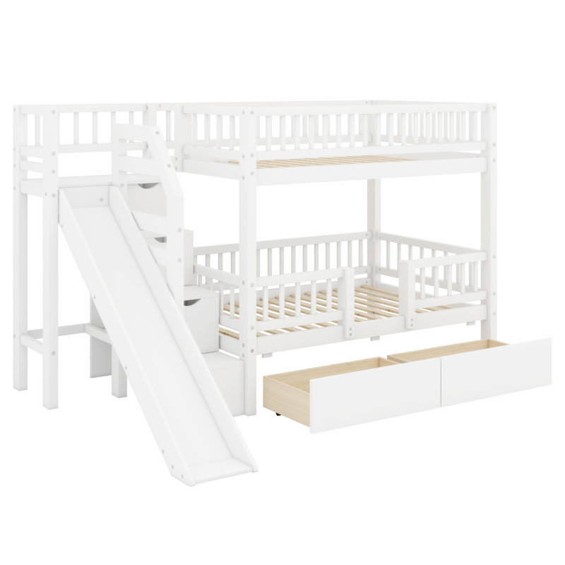 Lit superposé à escalier avec glissières et tiroirs de rangement, Blanc