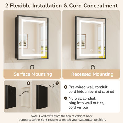 Kassady Recessed & Surface LED Lighted Bathroom Medicine Cabinet, 3-Color, 2 Outlets, Defog Mirror