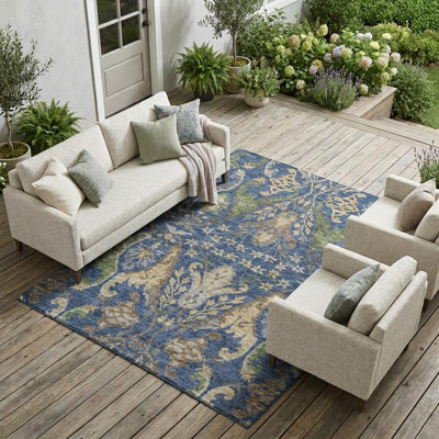 Tapis extérieur lavable floral 10 pi x 14 pi bleu marine, vert et brun