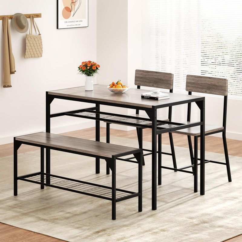 Ensemble de salle à manger 4 pièces pour 4 personnes avec banc, chaises et support de rangement, structure en métal, Grey