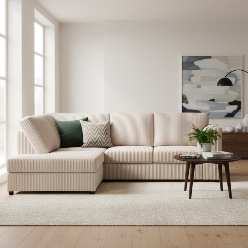 Jumbo Cord Hand Facing Corner Sofa With Footstool, Left Hand Facing, Cream