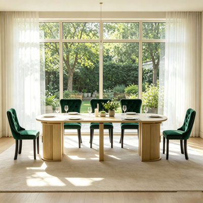 Ensemble de table de salle à manger extensible de 47 à 118 po avec base de rangement, plateau de table ovale extensible, coin sécuritaire, 6 à 10 sièges, chaises rembourrées en velours, ensemble de table de cuisine rectangulaire moderne en bois pour la salle à manger