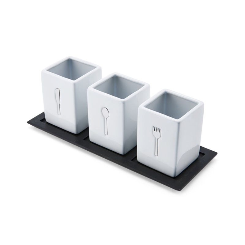 3 Piece Flatware Caddy Set with Wood Tray