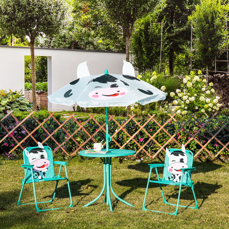 Kids Table And Chair Set, Outdoor Folding Garden Furniture, Picnic Table For Patio Backyard, With Dairy Cow Pattern, Removable & Height Adjustable Sun Umbrella, Aged 3-6 Years Old,White, Chair