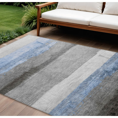 Tapis intérieur/extérieur lavable à rayures bleu ciel et gris, 2,44 m x 3,05 m