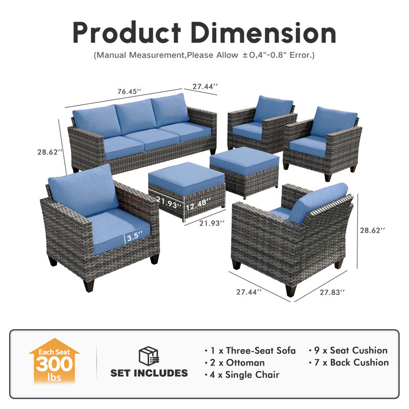 Amerissa 7 - Person Wicker/Rattan Patio Furniture Set, Outdoor Sofa Set with Couch, Chairs, Ottomans, Throw Pillows and Comfy Cushions
