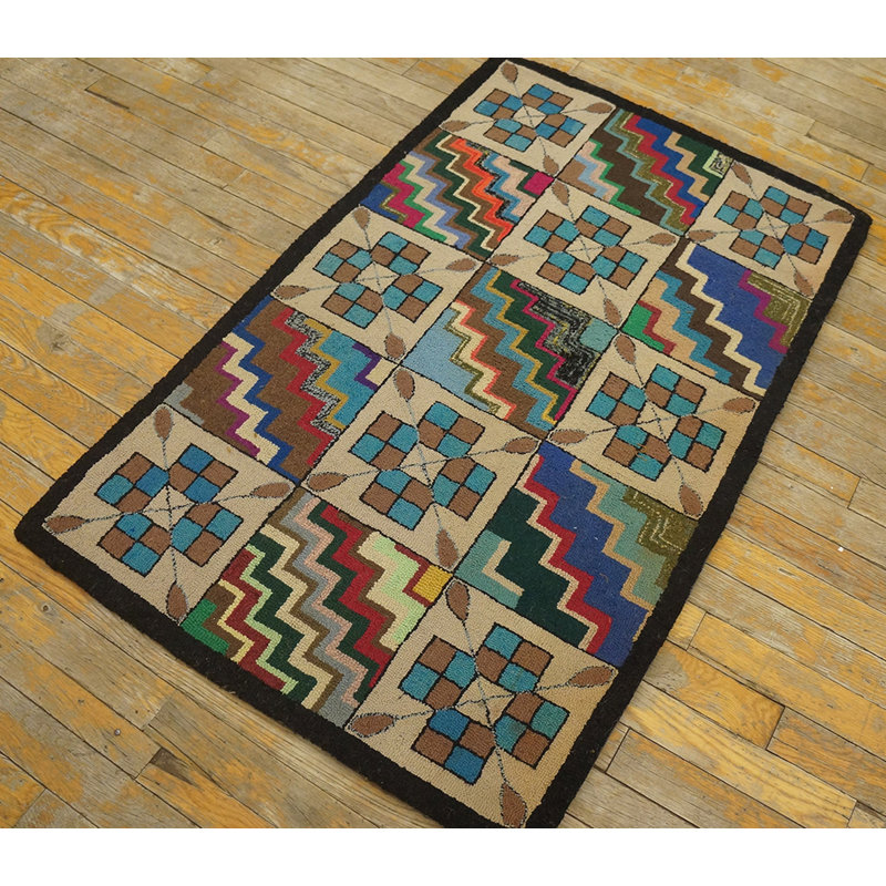 1925 Multicolor Small Scatter Size Hooked American Antique Wool Rug