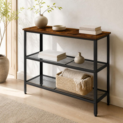 Console d'entrée vintage à 3 niveaux avec structure en fer et étagères en bois - Table d'appoint étroite pour couloir, salon, hall d'entrée ou appartement - Table de rangement rustique pour bureau à domicile