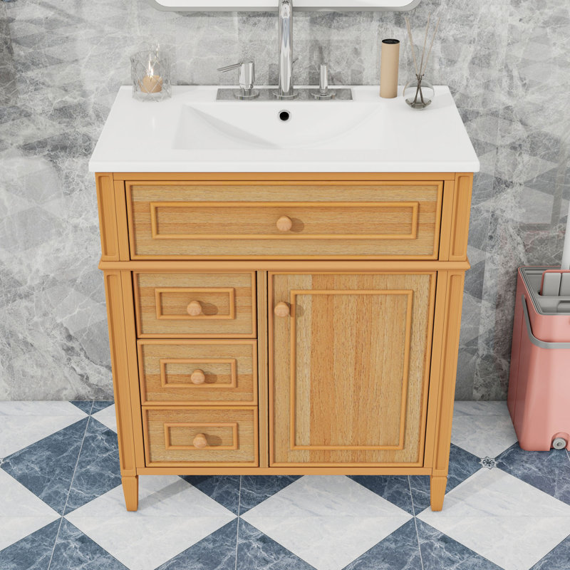 Meuble-lavabo élégant avec lavabo en céramique, charnières à fermeture en douceur, tiroir inclinable et rangement spacieux