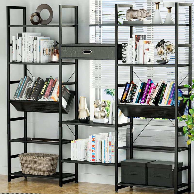 Black Adjustable Triple Wide 5-Tier Industrial Bookshelf