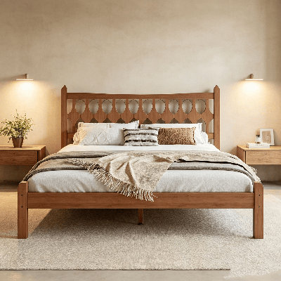 Base de lit en bambou, lit plateforme avec tête de lit en forme de losange, base de lit en bambou massif avec lattes de soutien, aucun sommier requis, base de lit en bambou robuste pour chambre à coucher, chambre d'amis, appartement