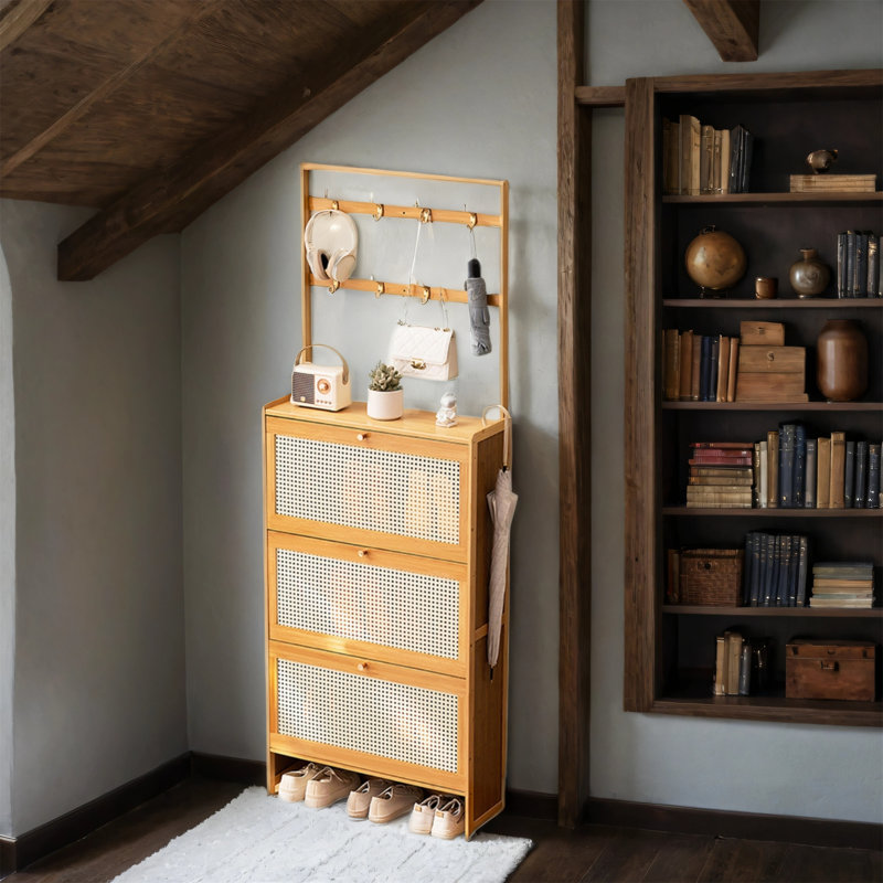 Armoire à chaussures en bambou avec 3 tiroirs rabattables à garniture en rotin et patères