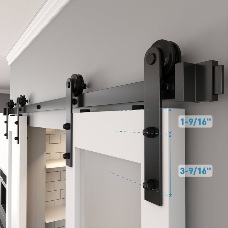 Matte Black Double Barn Door Hardware Track Kit with I-Strap Rollers