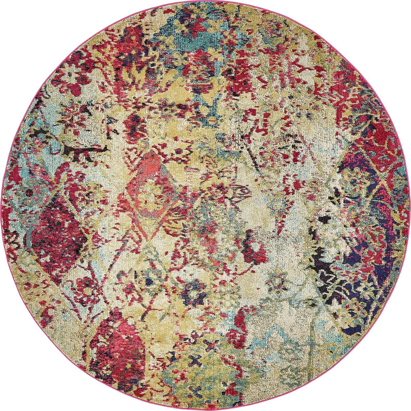 Tapis beige / rose / bleu tissé à la machine Ector, Rond 8 pi