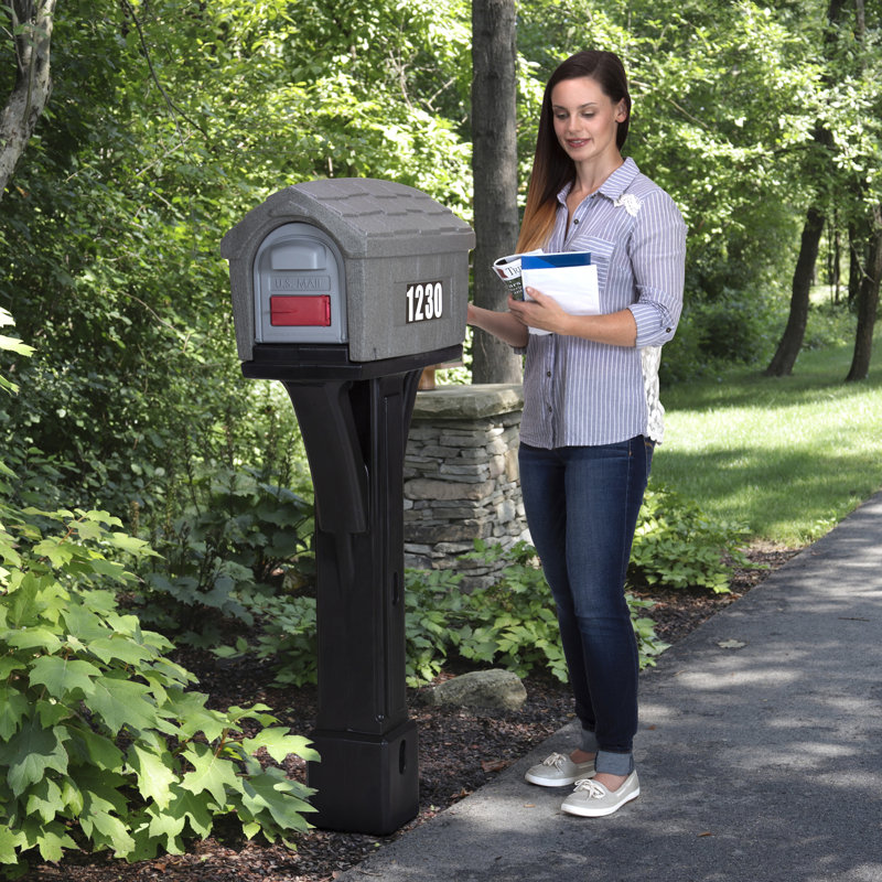 Classic Gray Stone and Black Plastic Mailbox with Post