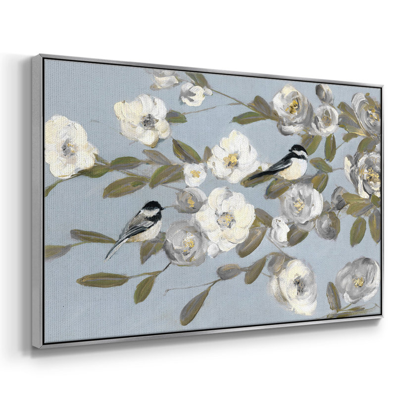 Chickadees And Blossoms I, reproduction d'art sur toile, H 17 po x l 25 po x P 2 po, Argent