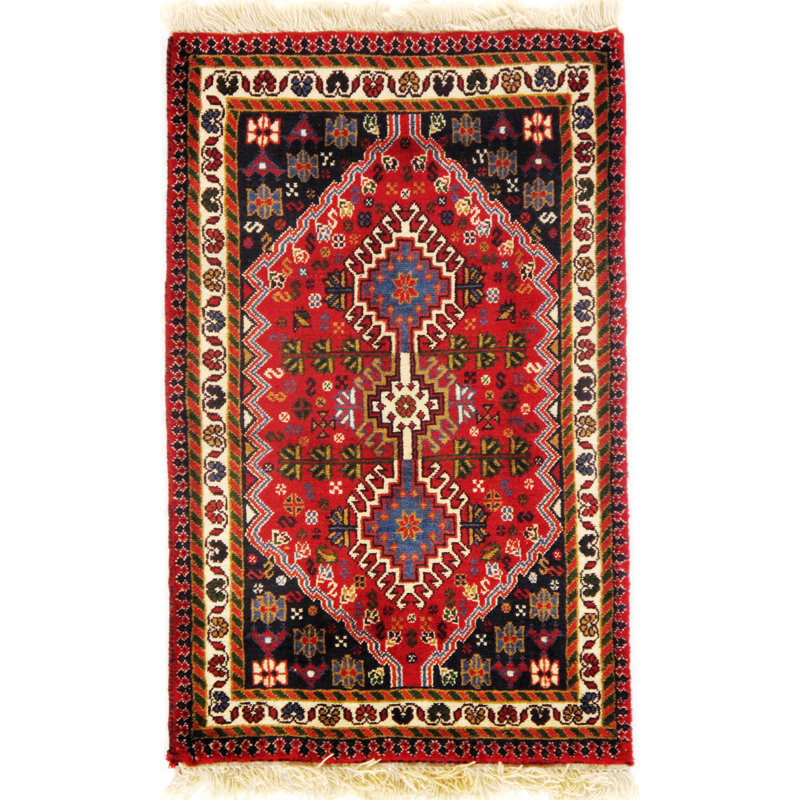Tapis rouge / crème / bleu marine noué à la main de conception unique 2 pi x 3 pi Persian