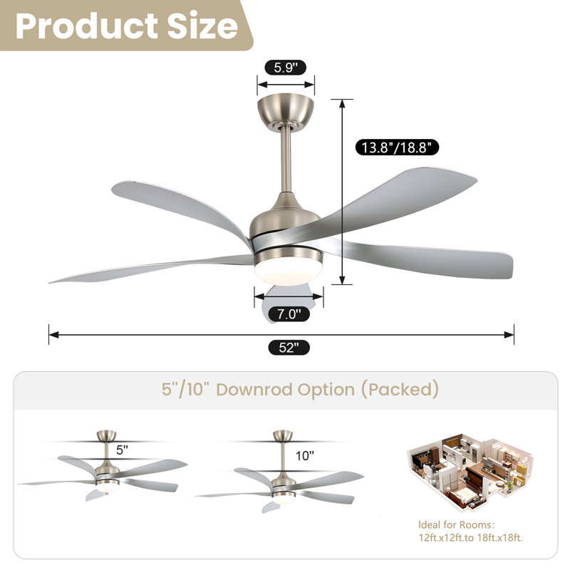 52" 5-ABS Blade Ceiling Fan With Led Light and Remote Control, DC, Silent, Forward and reverse(Brushed Nickel&Gray)