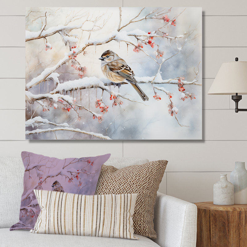 «Winter Snowy Bird Charm Landscape», art mural neige, Toile tendue, H 16 po x l 32 po x P 1 po