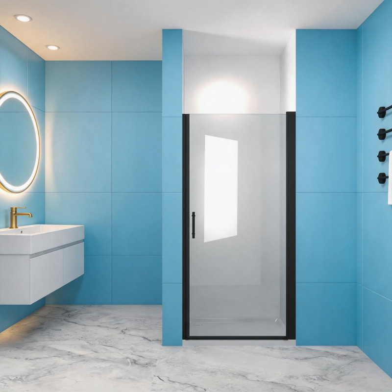 Porte de douche pivotante l 36 po x H 72 po, demi-cadre avec verre trempé antidéflagrant, cadre noir mat