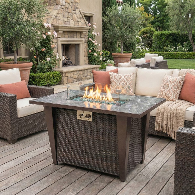 Table de foyer rectangulaire au propane de 107 cm (42 po) avec chauffage de terrasse en osier, puissance de 50 000 BTU