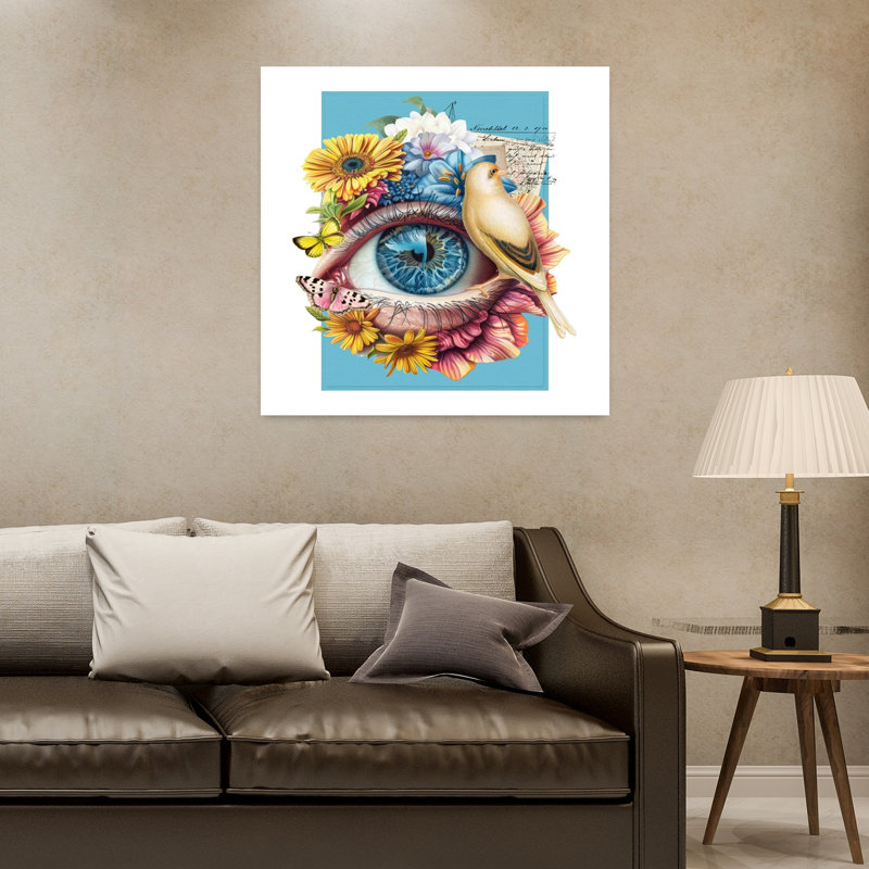 «Whimsical Eye Floral Bird», 32" H x 32" W