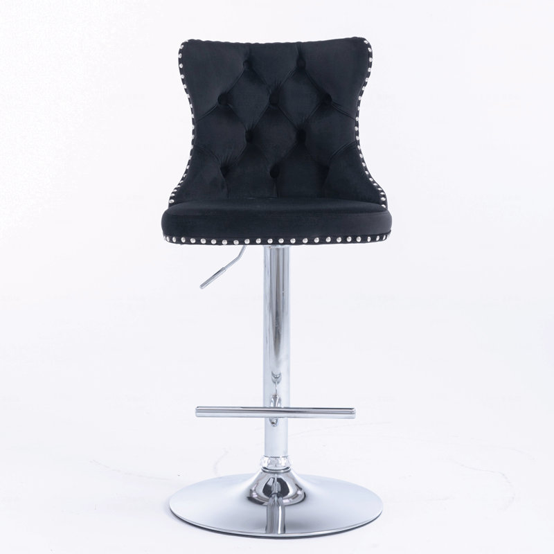 Tabourets pivotants en velours à hauteur de siège réglable de 25 à 33 pouces, tabourets de bar à base chromée avec dossier capitonné confortable