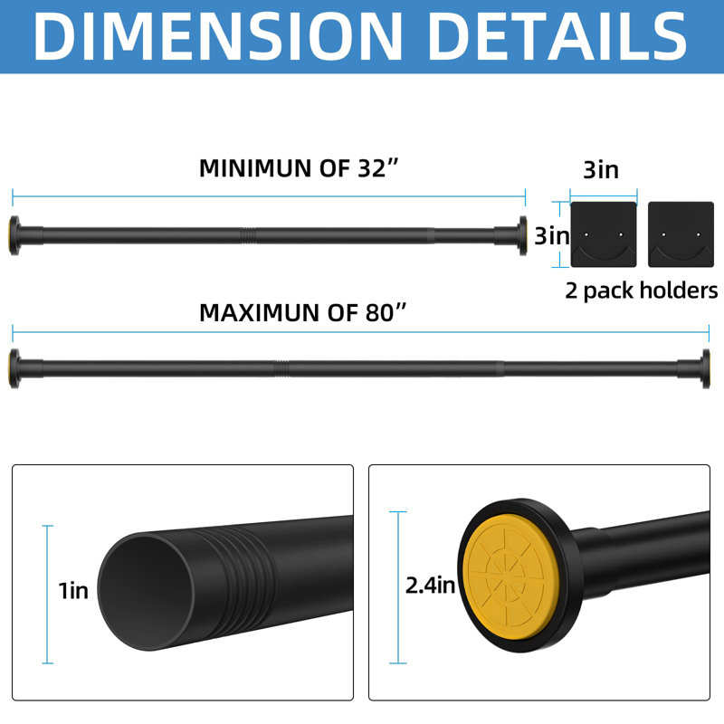 Tringle de rideau de douche noir mat, tringle à ressort réglable en acier inoxydable de 1 pouce de diamètre 32 à 80 po, avec supports, antidérapant, tringle à rideaux sans perçage (1 paquet)