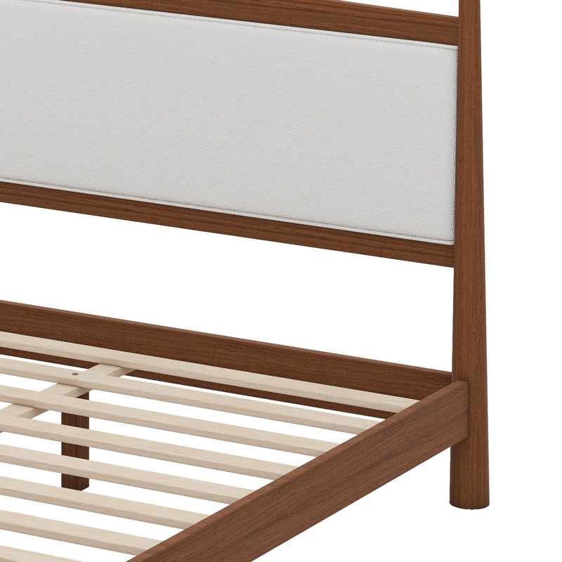 Mid-Century Upholstered Bed Frame With Headboard, Brown, Queen
