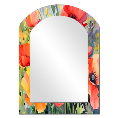 Vibrant Poppies I - Floral Arch Decorative Mirror, Traditional Asymmetrical Large Wall Mirror, Printed Metal Art