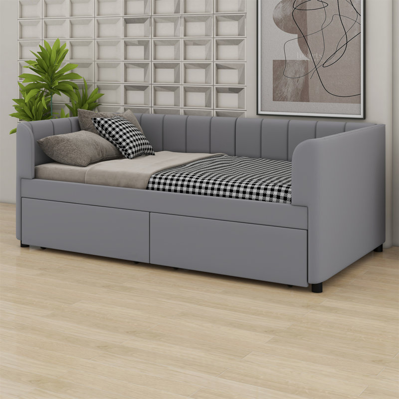 Lit de jour rembourré avec dossier ergonomique et tiroirs, Gris
