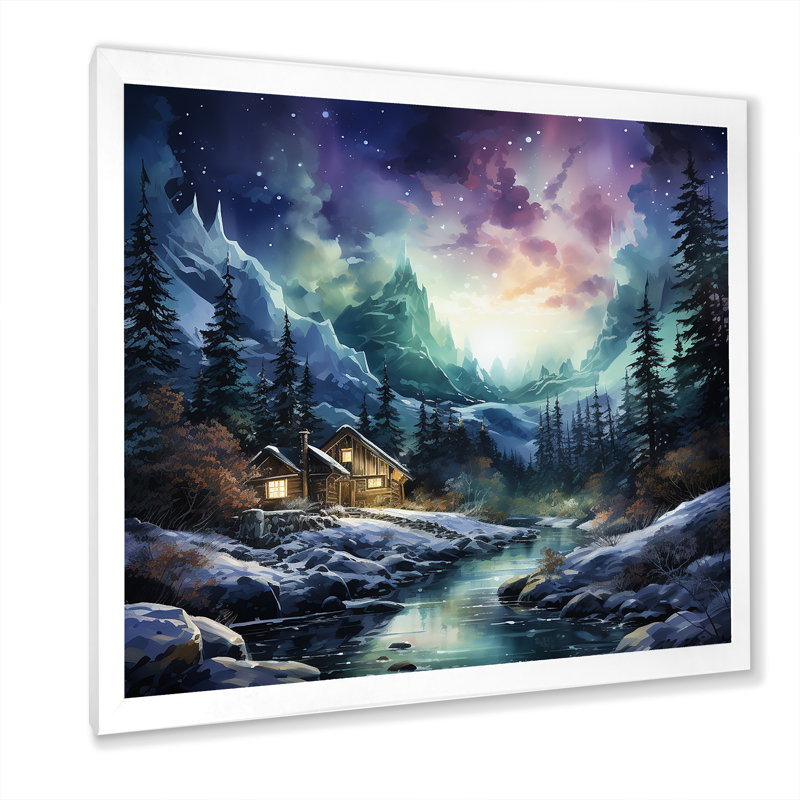 Aurore boréale charme en hiver sur toile, Cadre photo blanc, H 16 po x l 16 po x P 1 po