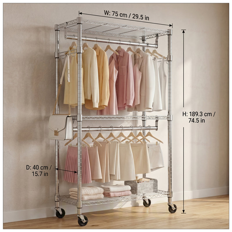 Heavy Duty Rolling Garment Rack with 3 Adjustable Shelves, 2 Rods, and Side Hooks for Versatile Storage and Mobility, Silver