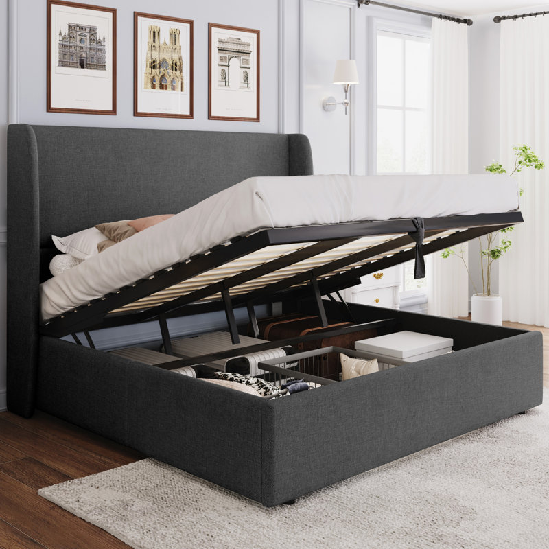 Lit escamotable avec rangement et tête de lit à oreilles, très grand, gris foncé, Très grand, Gris foncé