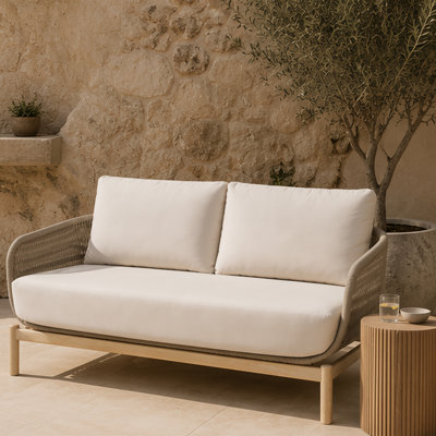 Viola Acacia Wood Rope Weaving Patio Outdoor Loveseat Sofa With Cream Cushions