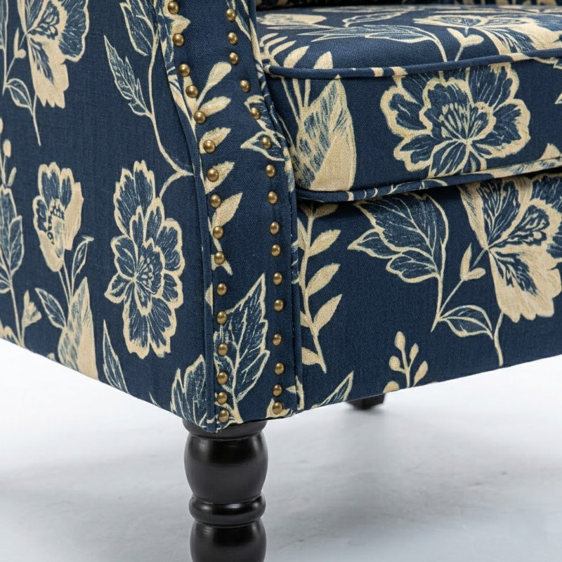 Vintage Floral Upholstered Armchair With Rolled Arms And Wooden Legs(Set Of 4), Yes, Navy Ground