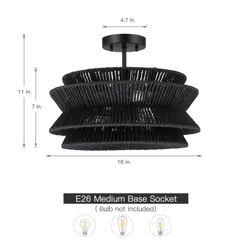 16 In. 2-light Bohemian Woven Rope Semi-flush Mount Ceiling Light, Black