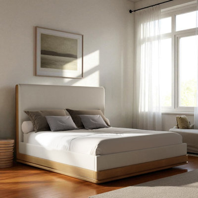 Zoey Beige Fabric & Oak Queen Bed