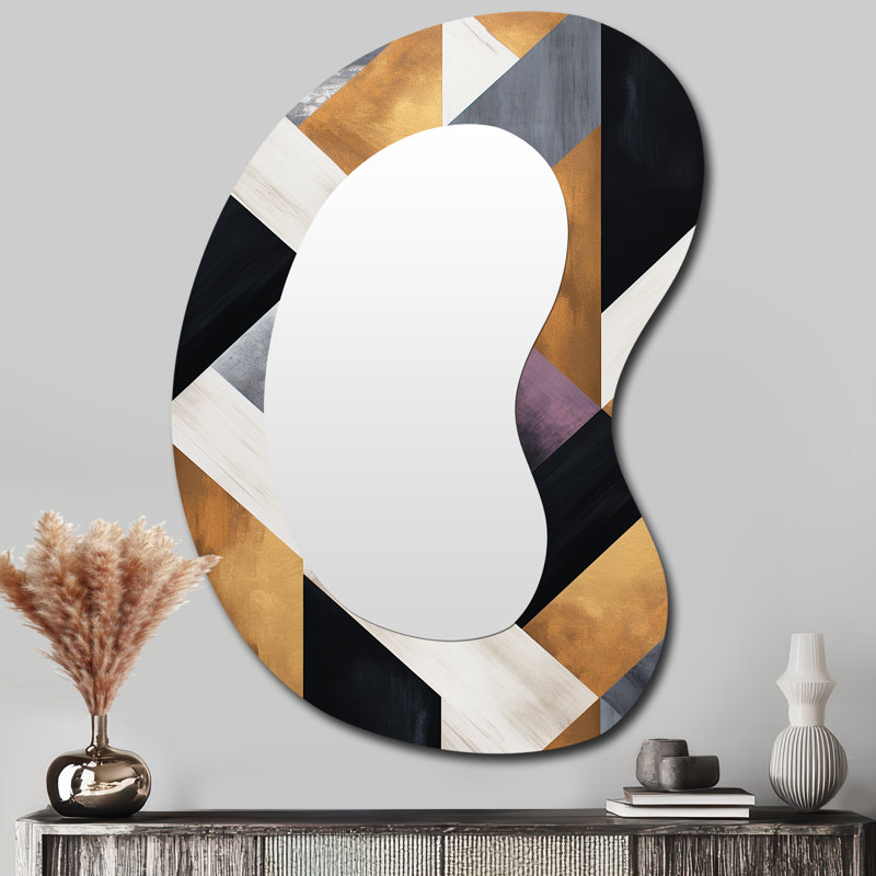 Eralynn Black and gold Geometric tiles 1 - Geometric Asymmetrical Decorative Mirror, Gold Unique Shape Wall Mirror, Printed Metal Art