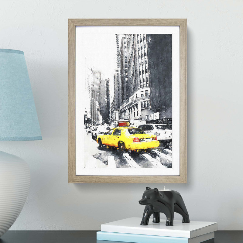 A Yellow Taxi Cab in New York Abstract Art - Framed Print, 48cm H x 36cm W x 2cm D, Oak Framed