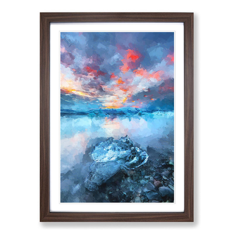 Iceland View in Abstract - Picture Frame Graphic Art Print, 60cm H x 40cm W x 2cm D, Walnut