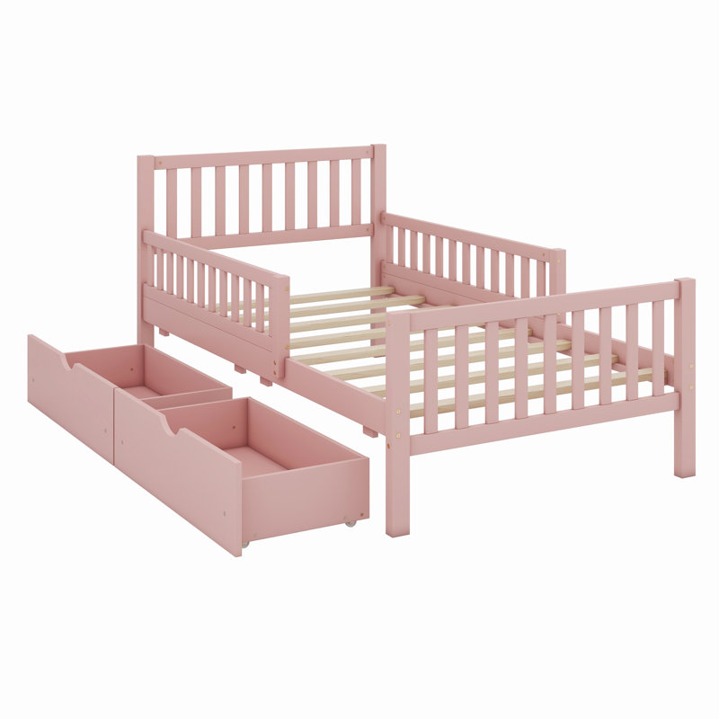 Lit plateforme en bois avec garde-corps des deux côtés et des tiroirs, Lit simple, Rose