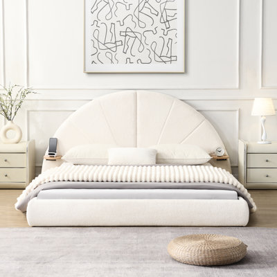 Unique Arched Boucle Bed, Queen, Beige Color - Boucl Upholstery, Skin , Small Table For Items, Floor Standing, Simple Assembly Bedroom Decoration