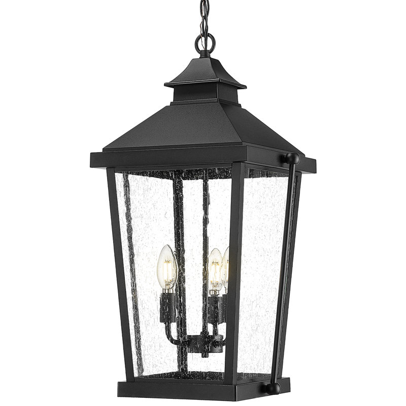 23.5 Inch Large Outdoor Hanging Light Die-Cast Aluminum Seeded Glass Black Finish