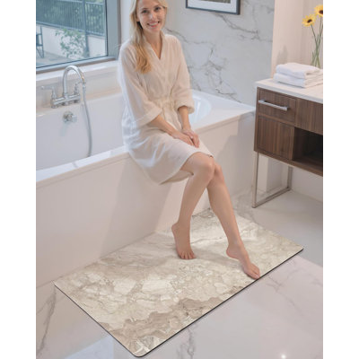 Ultra Thin Bath Mat,Non Slip Quick Dry Rugs, Absorbent Marble Bathmat, Washable Rubber Mats for Shower Floor,in Front of Bathtub,Bathroom Decor, Stone-Texture-Patterned
