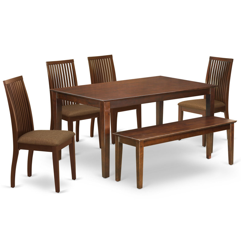 Ensemble de table de salle à manger 6 pièces moderne comprenant une table rectangulaire en bois et 4 chaises rembourrées en tissu de lin avec banc, 36 x 60 pouces, acajou