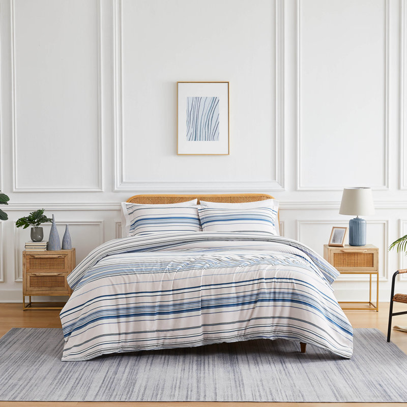 Twin/Twin XL Coastal Blue Striped Microfiber Duvet Cover Set